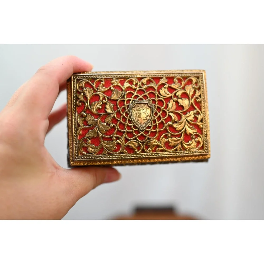Vintage Brass Jewelry Box Filigree Footed Gold Red Velvet Lined Made in Japan